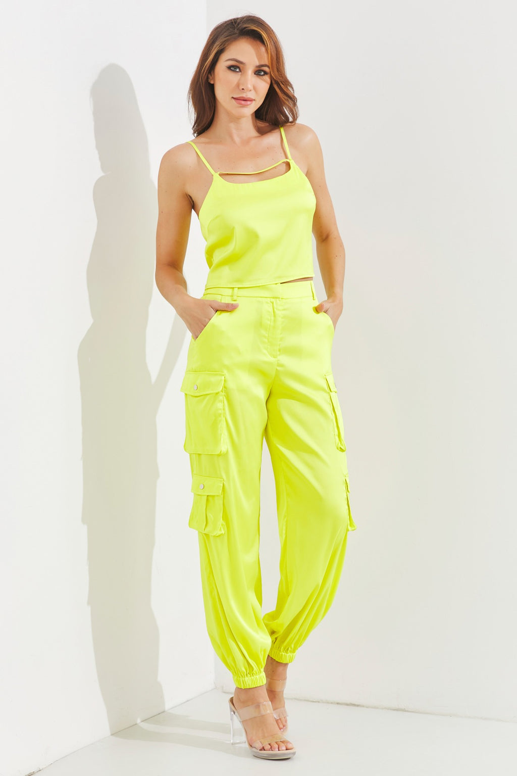 Satin Cami Top with cargo pants set in green