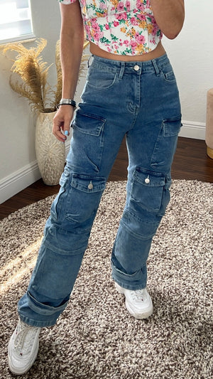 Denim highwaits cargo jeans