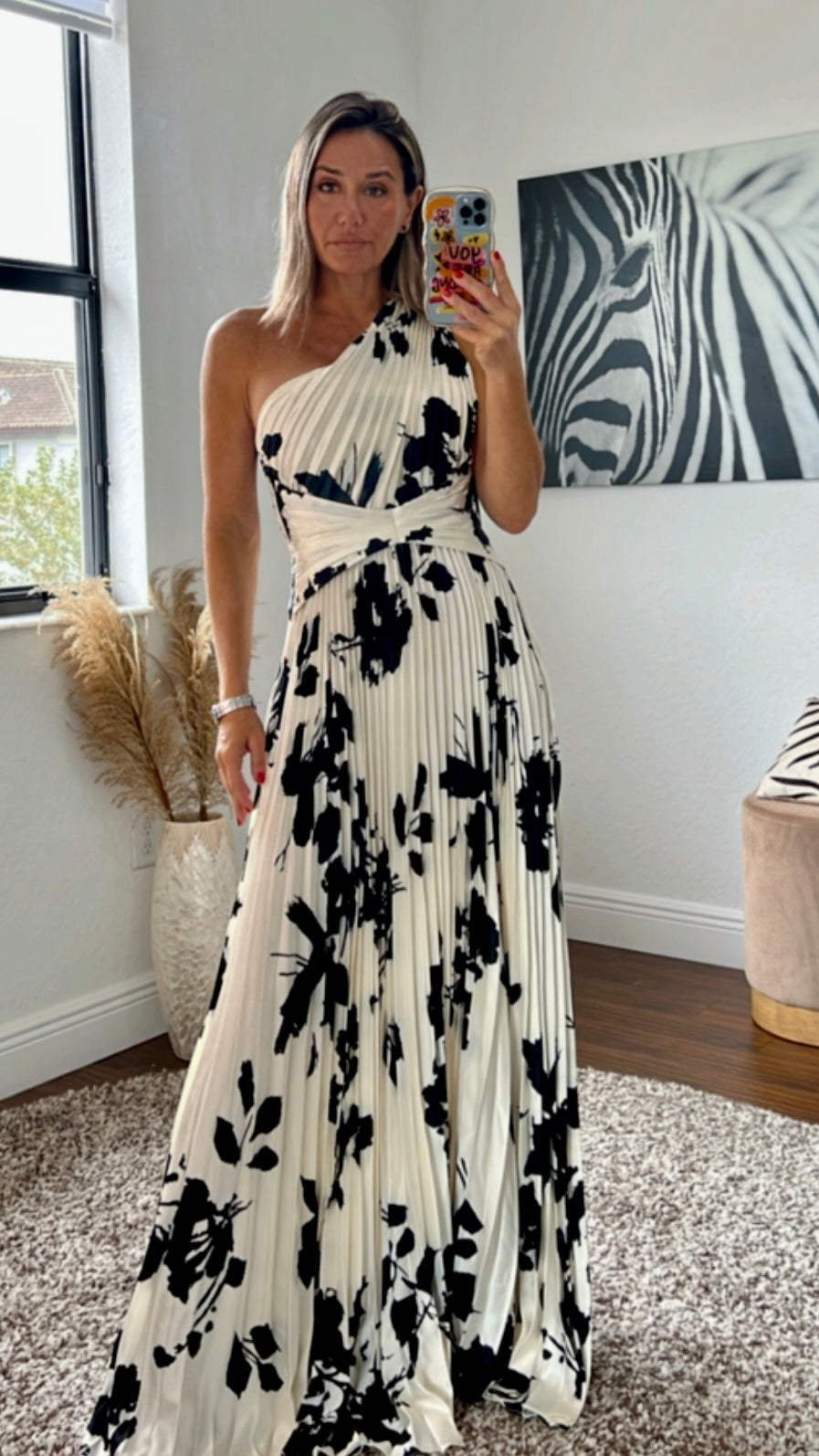 Black and white floral Pleated Dress