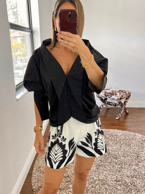 Black and white Short Matching Set with black top