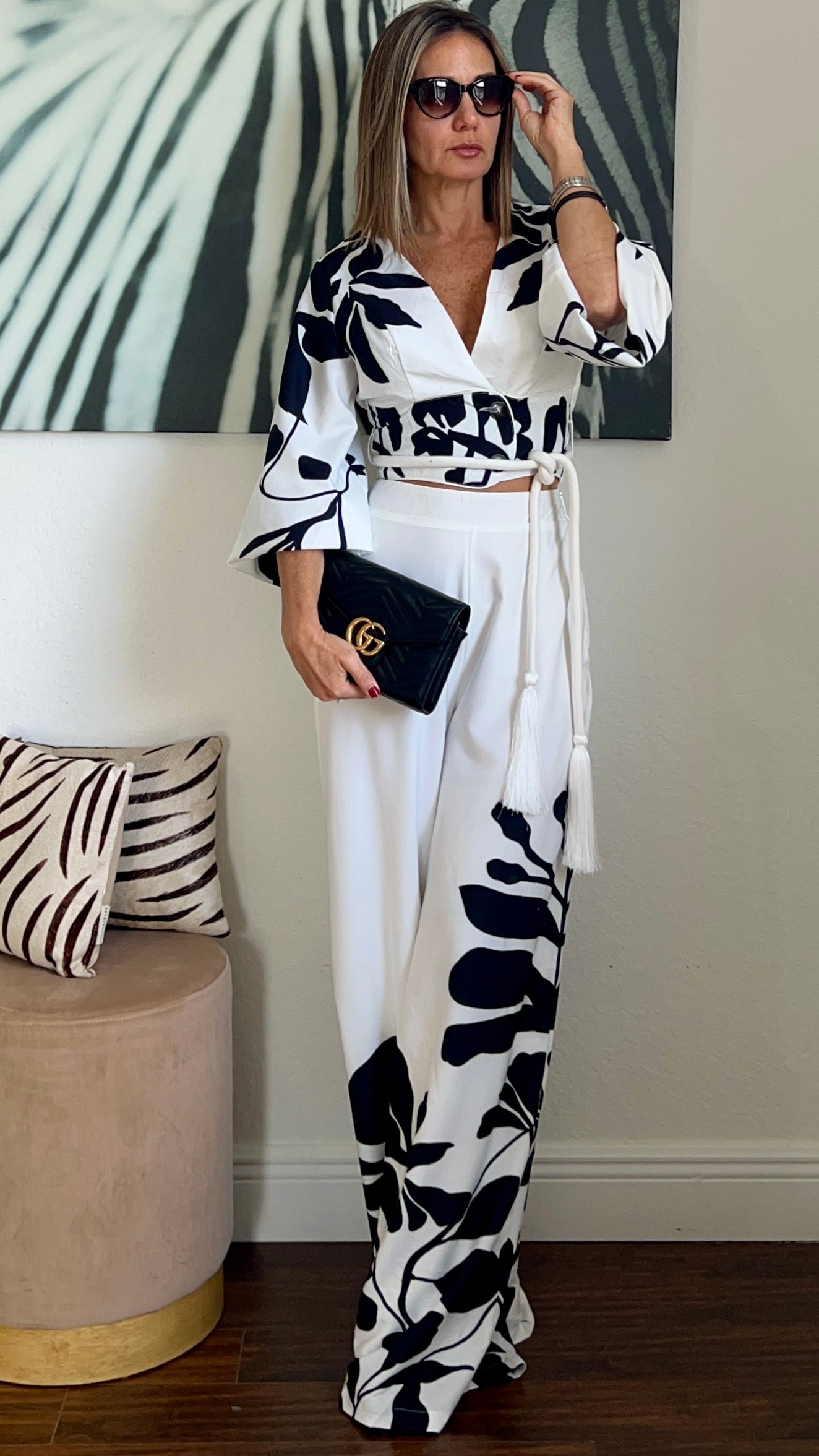 Black and white floral print top and pants set