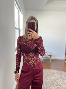 Burgundy Nylon   lace bodysuit