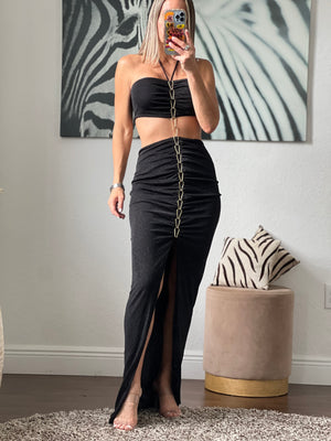 Black Metal chain front halter top 2 piece maxi dress