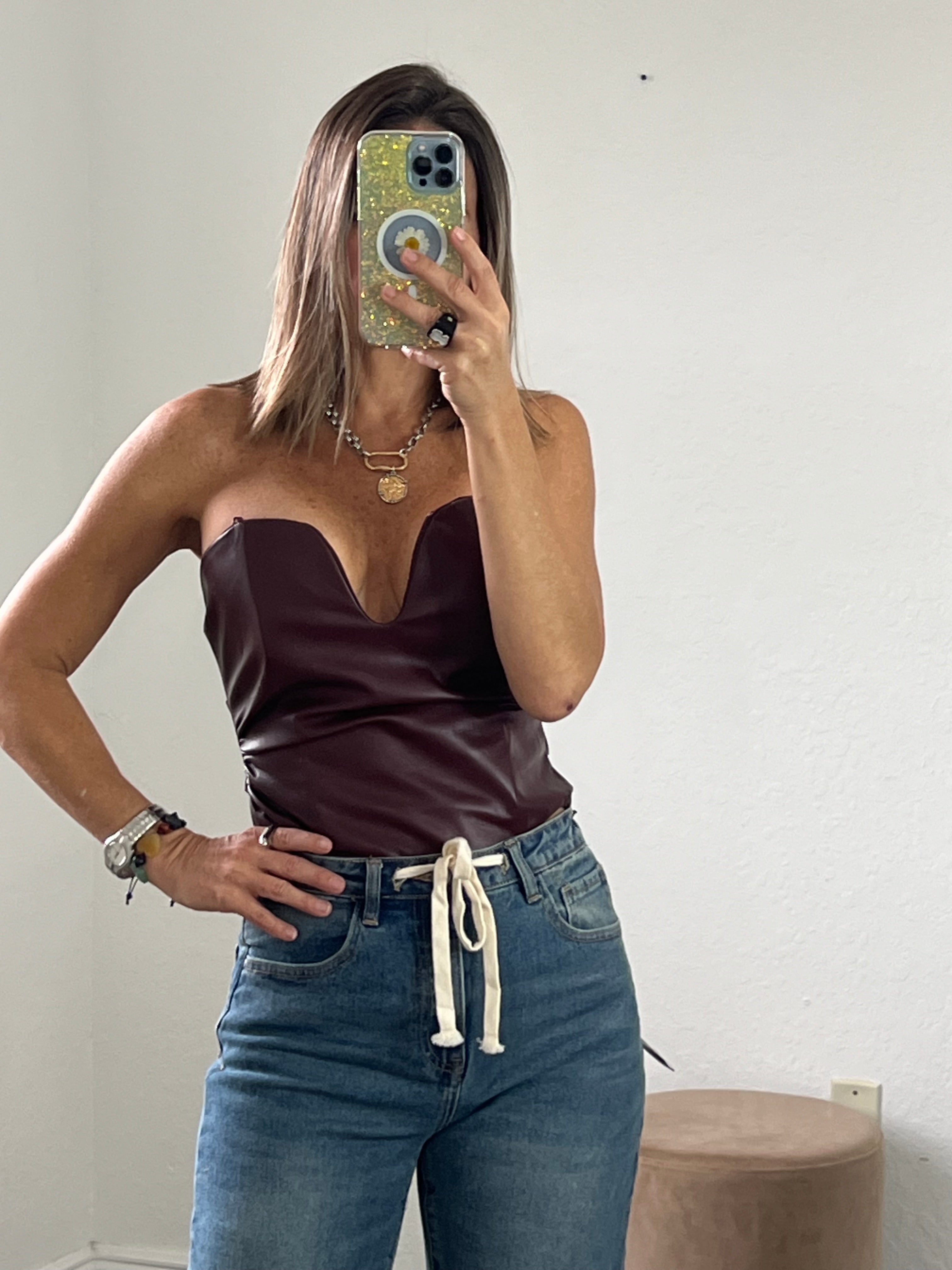 Red wine leather corse top