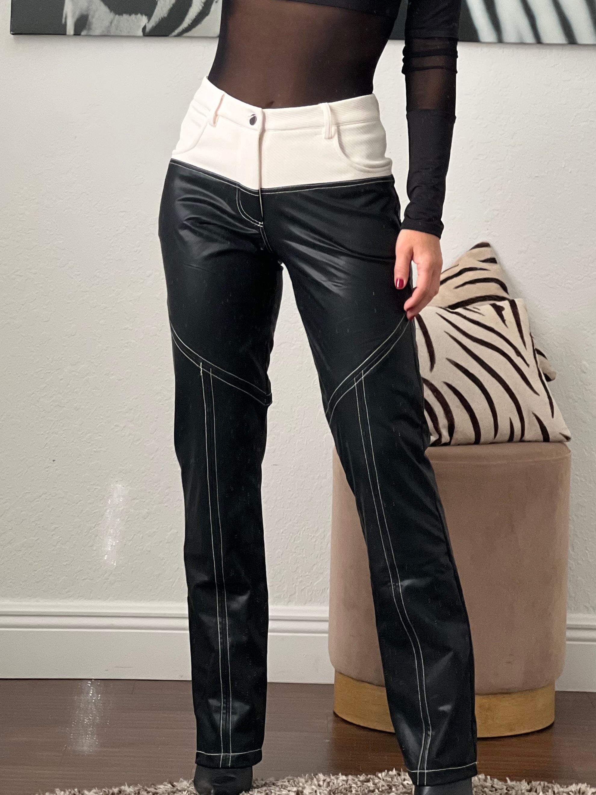 Black/white  leather  pants