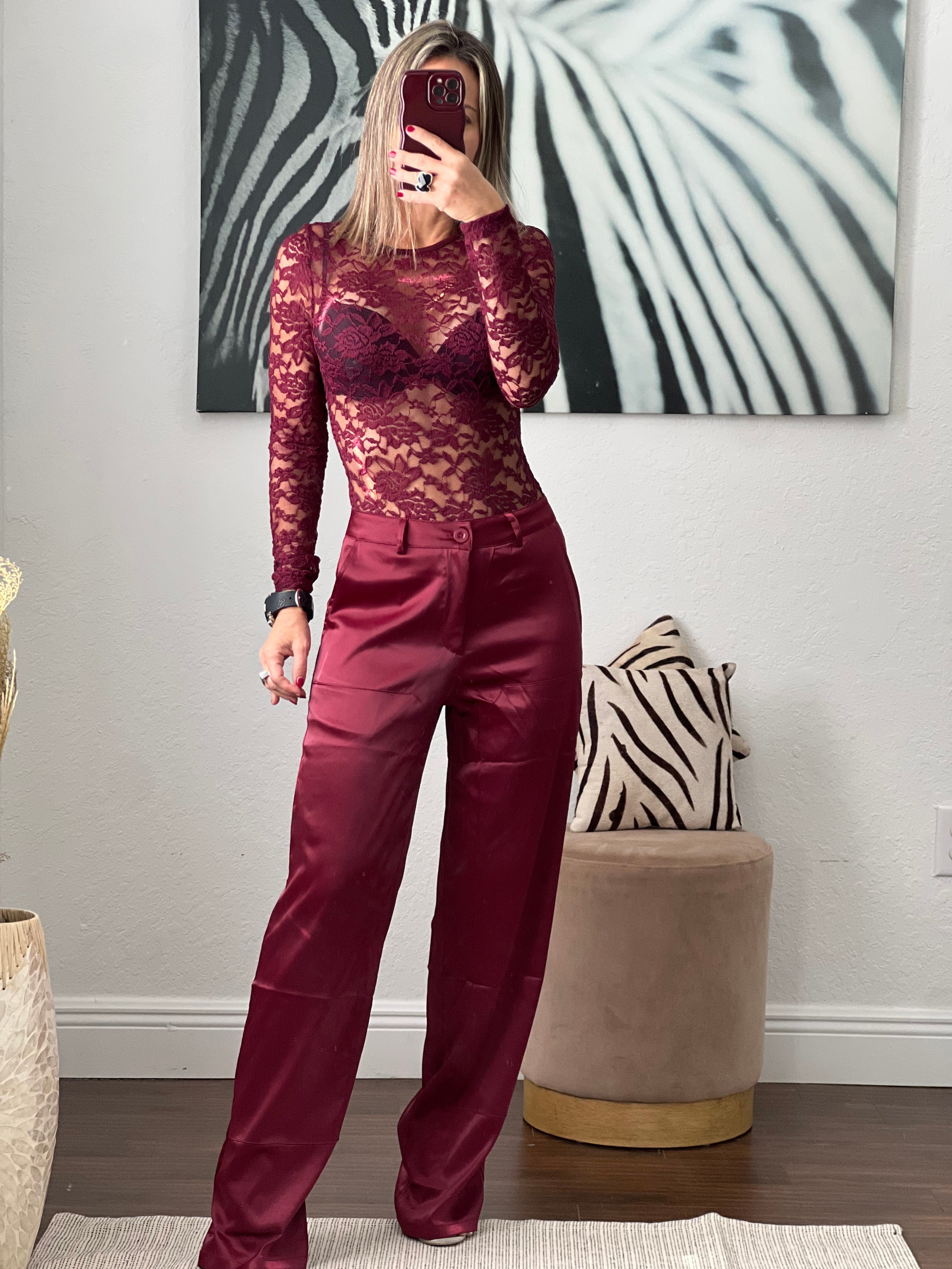 Burgundy Nylon   lace bodysuit