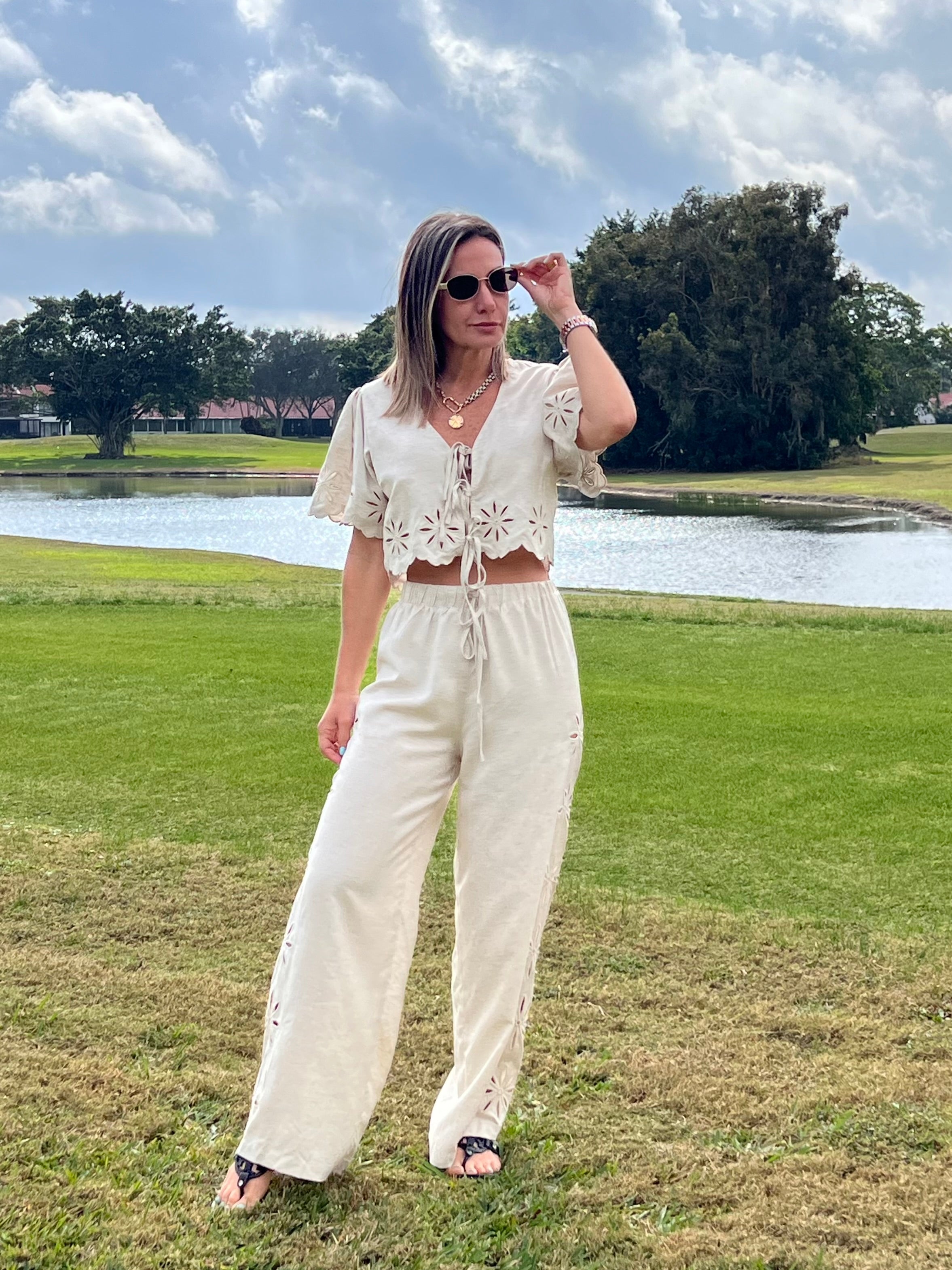 Linen cutout embroidered bow tie top and pants set